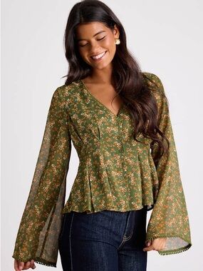 Merryn Olive Green Floral Button-Front Pleated Long Sleeve Top NWT
